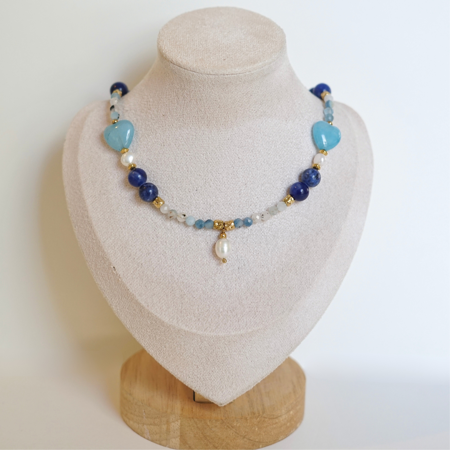 Collier fait main en acier inoxydable avec pierres naturelles et perles d'eau douce – pendentif perle d'eau douce, bijou unique