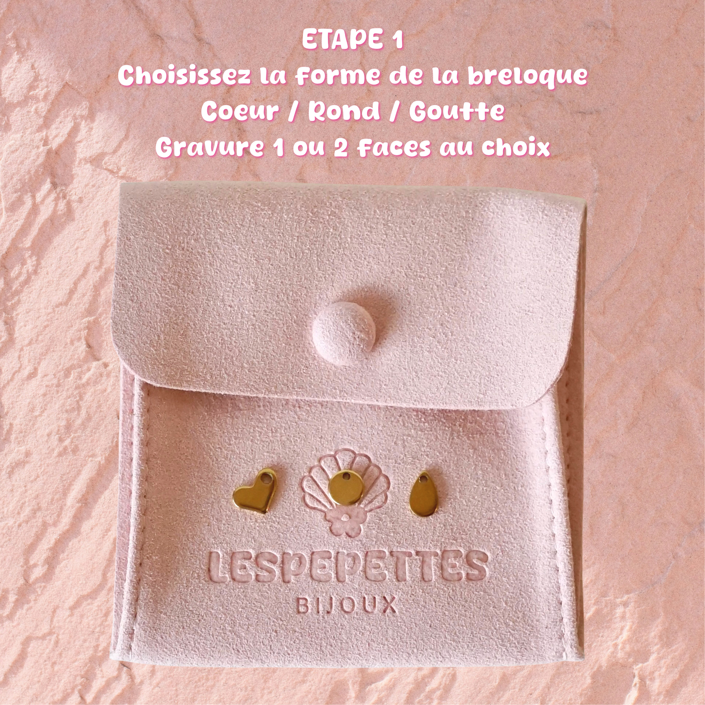 3 formes de breloques au choix, un coeur, un rond et une goutte à graver par estampage 