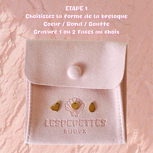 3 formes de breloques au choix, un coeur, un rond et une goutte à graver par estampage 