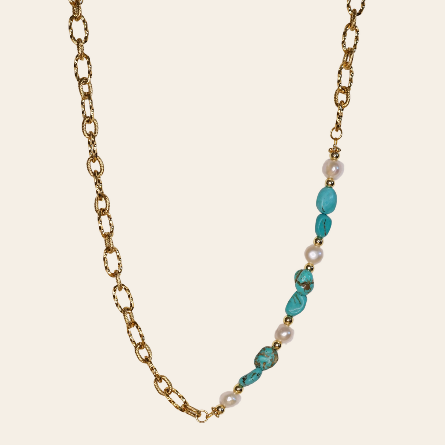 Chaîne Laura moitié perles turquoise doré 