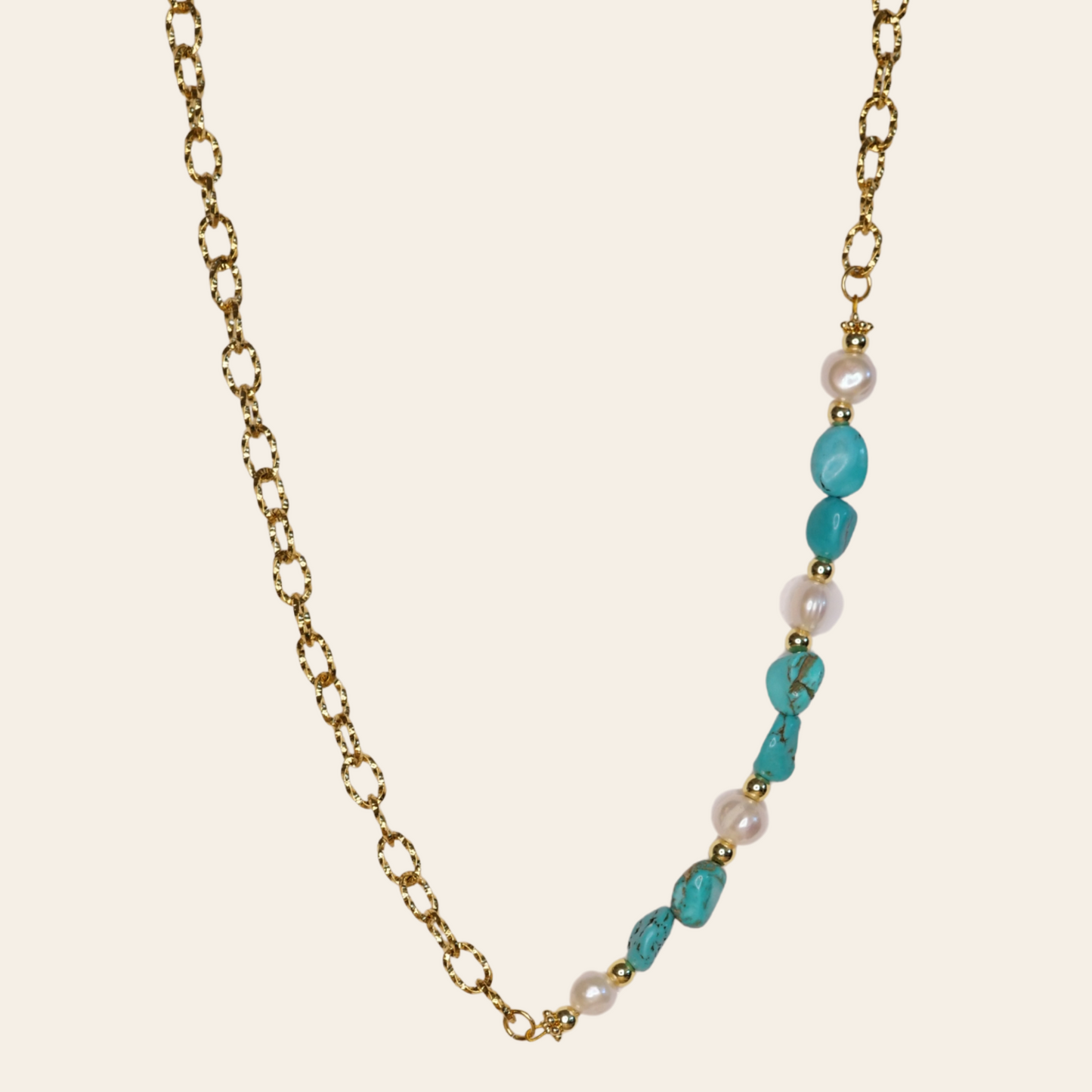 Chaîne Laurette moitié perles turquoise doré 
