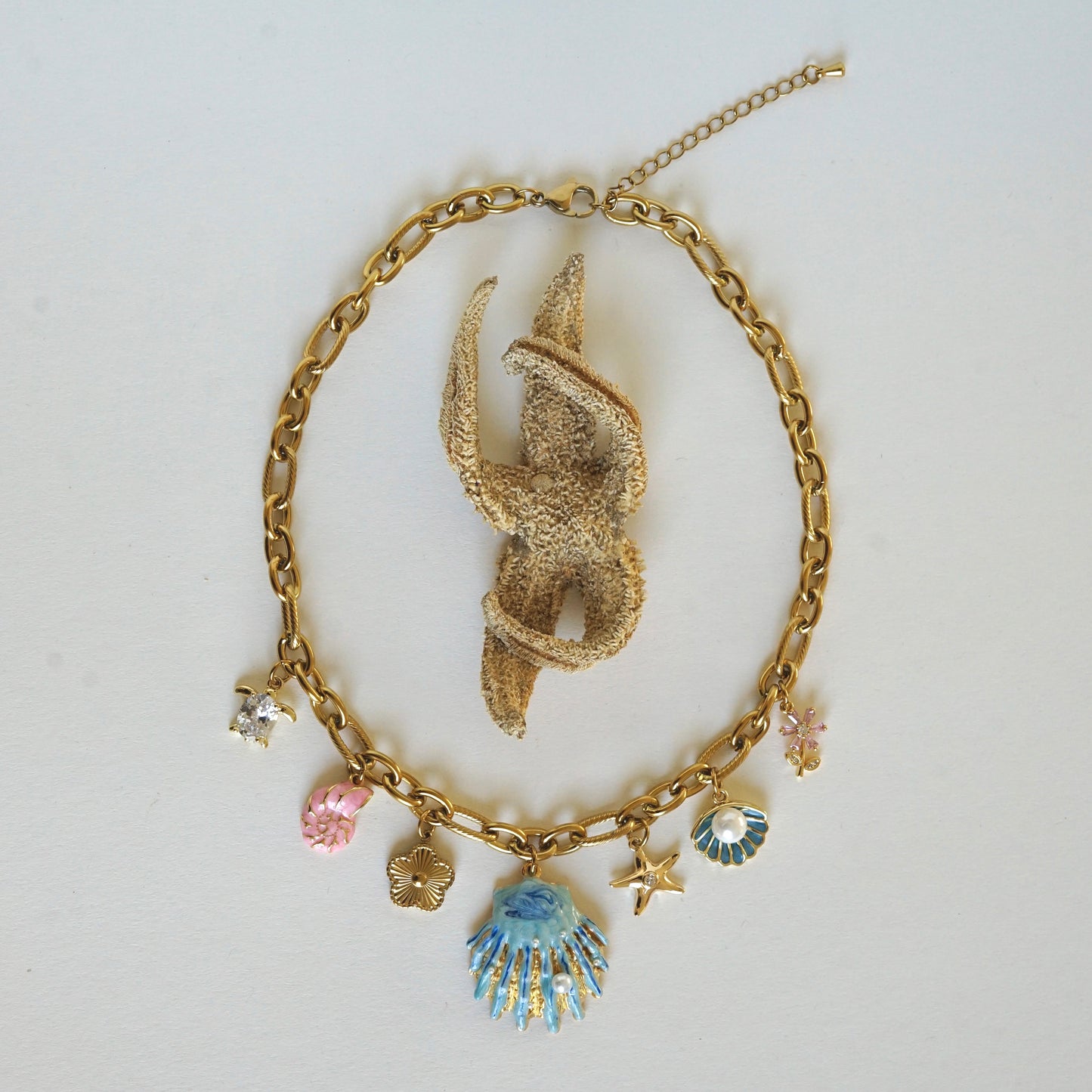 Collier charms acier inoxydable inspiration océan ton bleu rose et doré