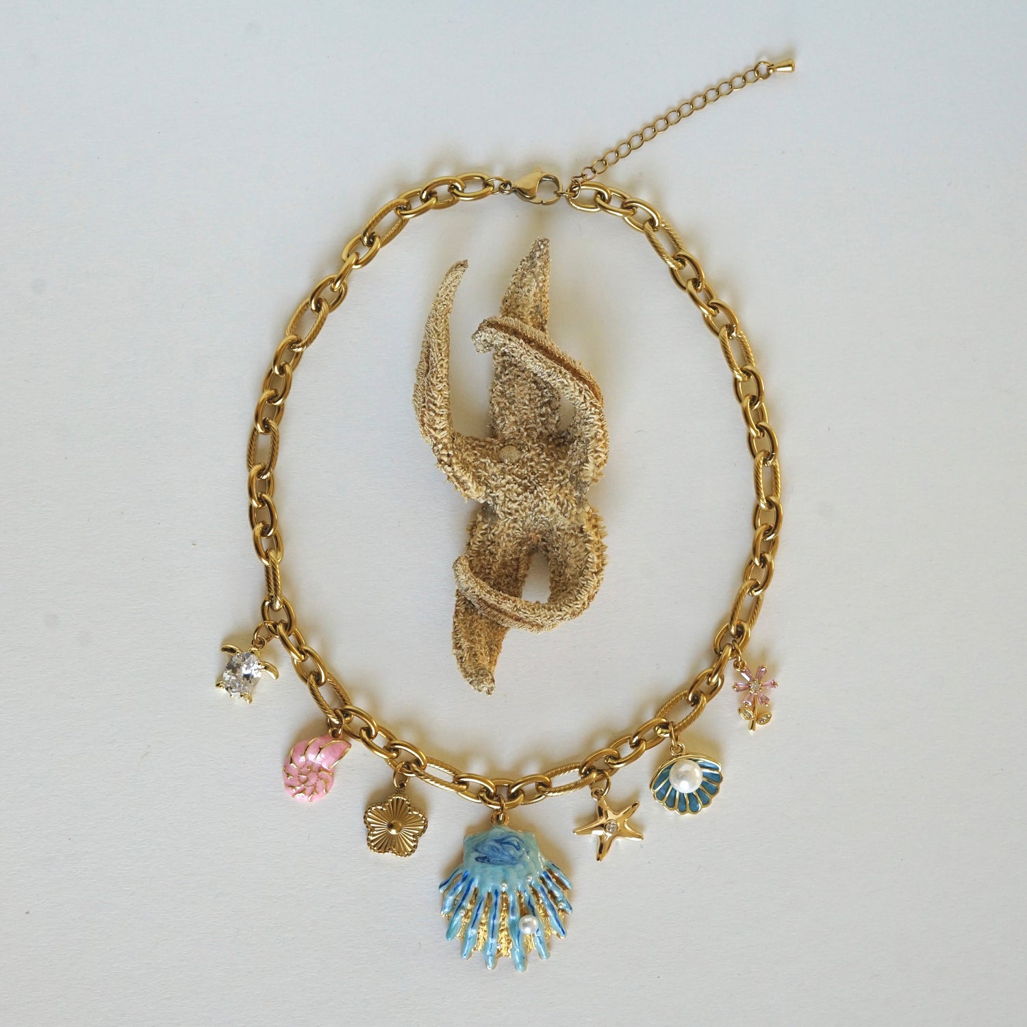 Collier charms acier inoxydable inspiration océan ton bleu rose et doré