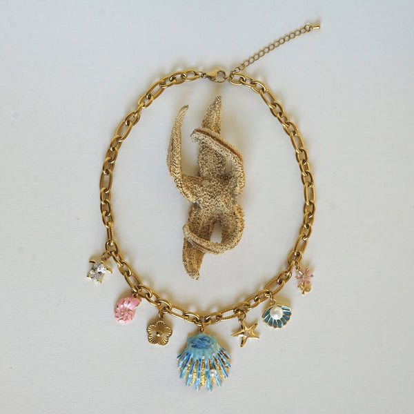 Collier charms acier inoxydable inspiration océan ton bleu rose et doré
