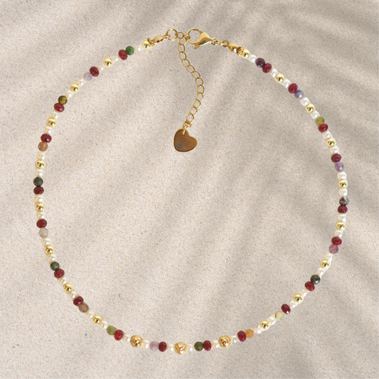 Collier fait main en acier inoxydable avec pierres naturelles et perles d'eau douce – bijou unique