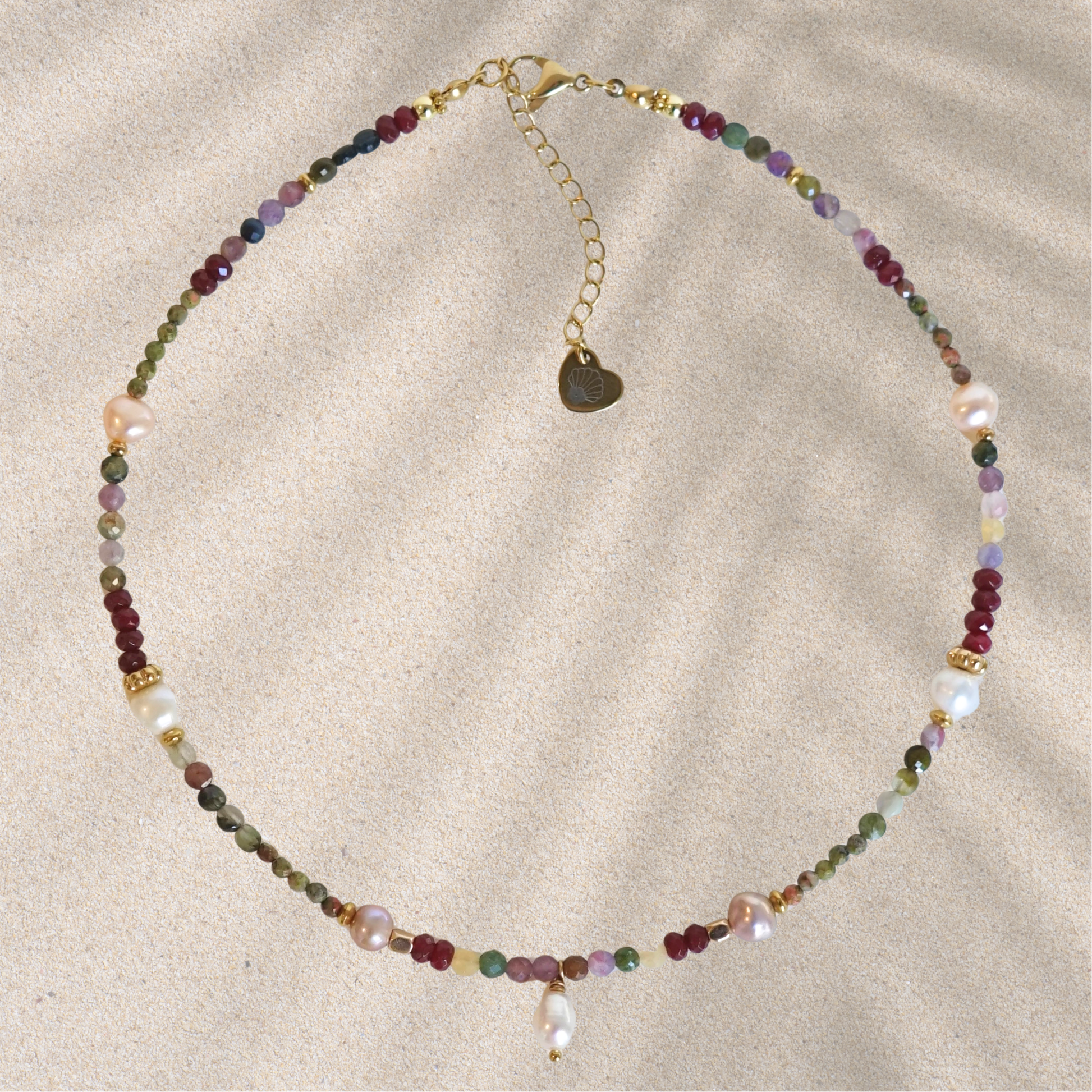 Collier fait main en acier inoxydable avec pierres naturelles et perles d'eau douce – pendentif perle d'eau douce, bijou unique