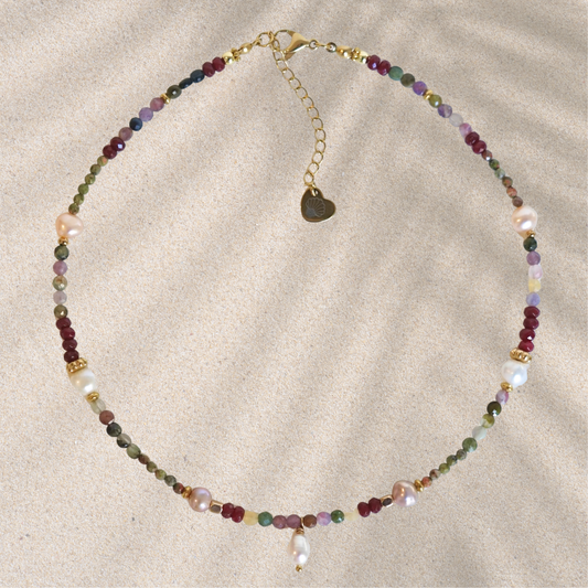 Collier fait main en acier inoxydable avec pierres naturelles et perles d'eau douce – pendentif perle d'eau douce, bijou unique