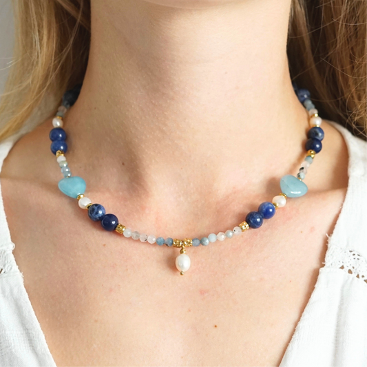 Collier fait main en acier inoxydable avec pierres naturelles et perles d'eau douce – pendentif perle d'eau douce, bijou unique