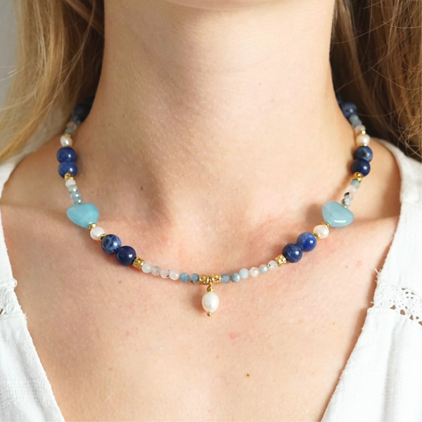 Collier fait main en acier inoxydable avec pierres naturelles et perles d'eau douce – pendentif perle d'eau douce, bijou unique