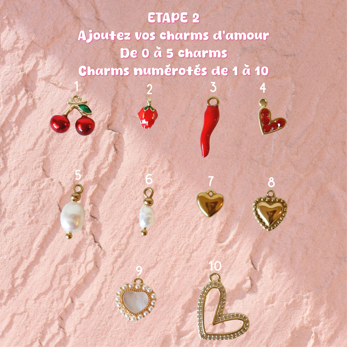 différentes breloques au choix à ajouter sur le collier amour personnalisable par estampage 