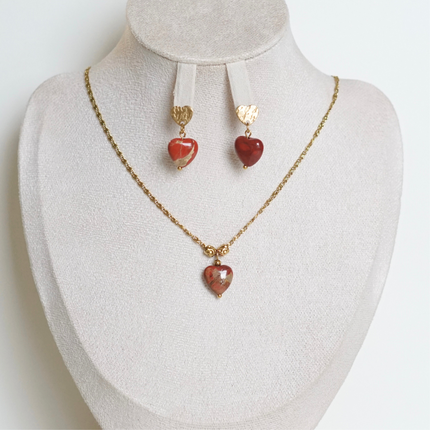 Parure dorée faite main – collier et boucles d'oreilles en acier inoxydable avec pierres naturelles, idée cadeau unique
