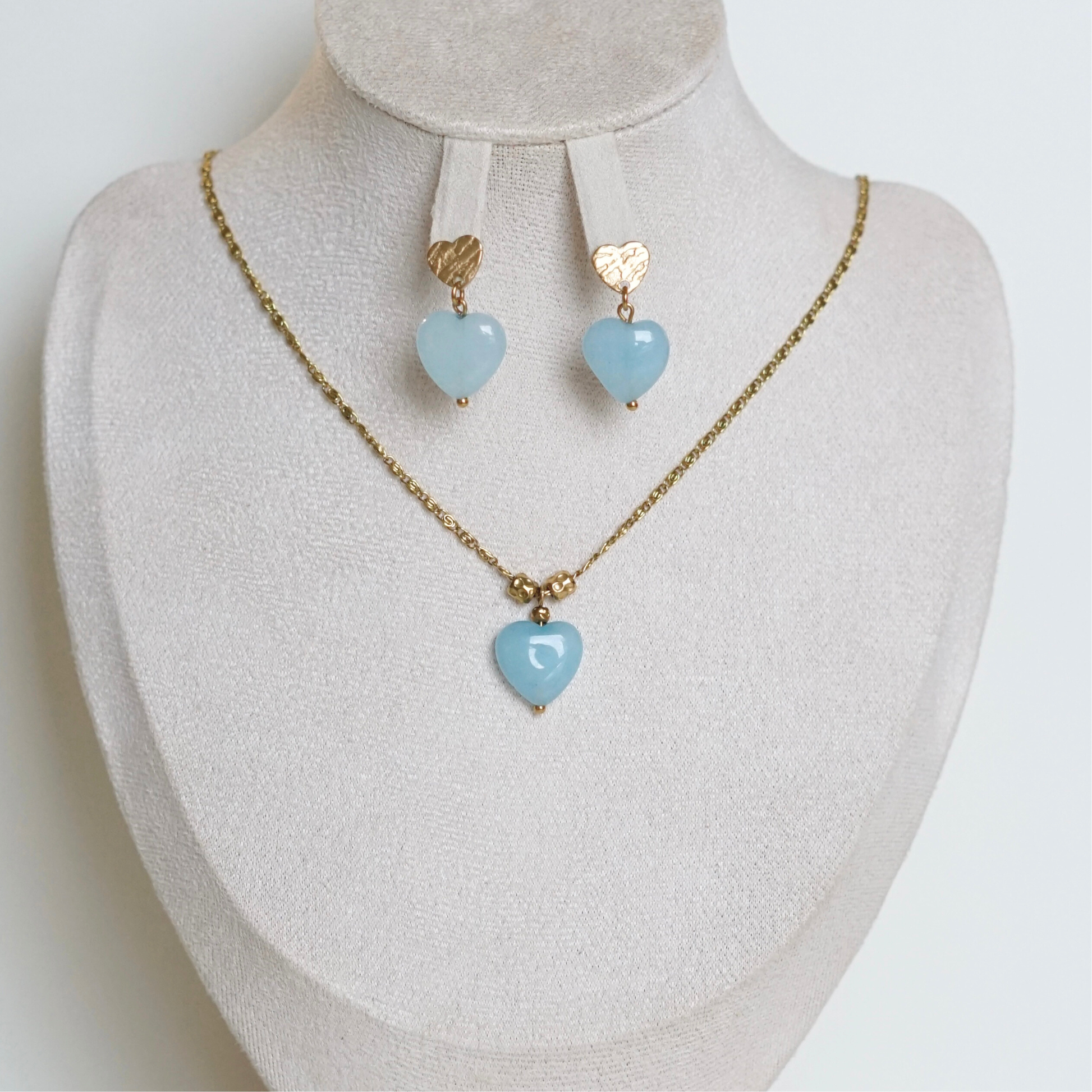 Parure dorée faite main – collier et boucles d'oreilles en acier inoxydable avec pierres naturelles, idée cadeau unique