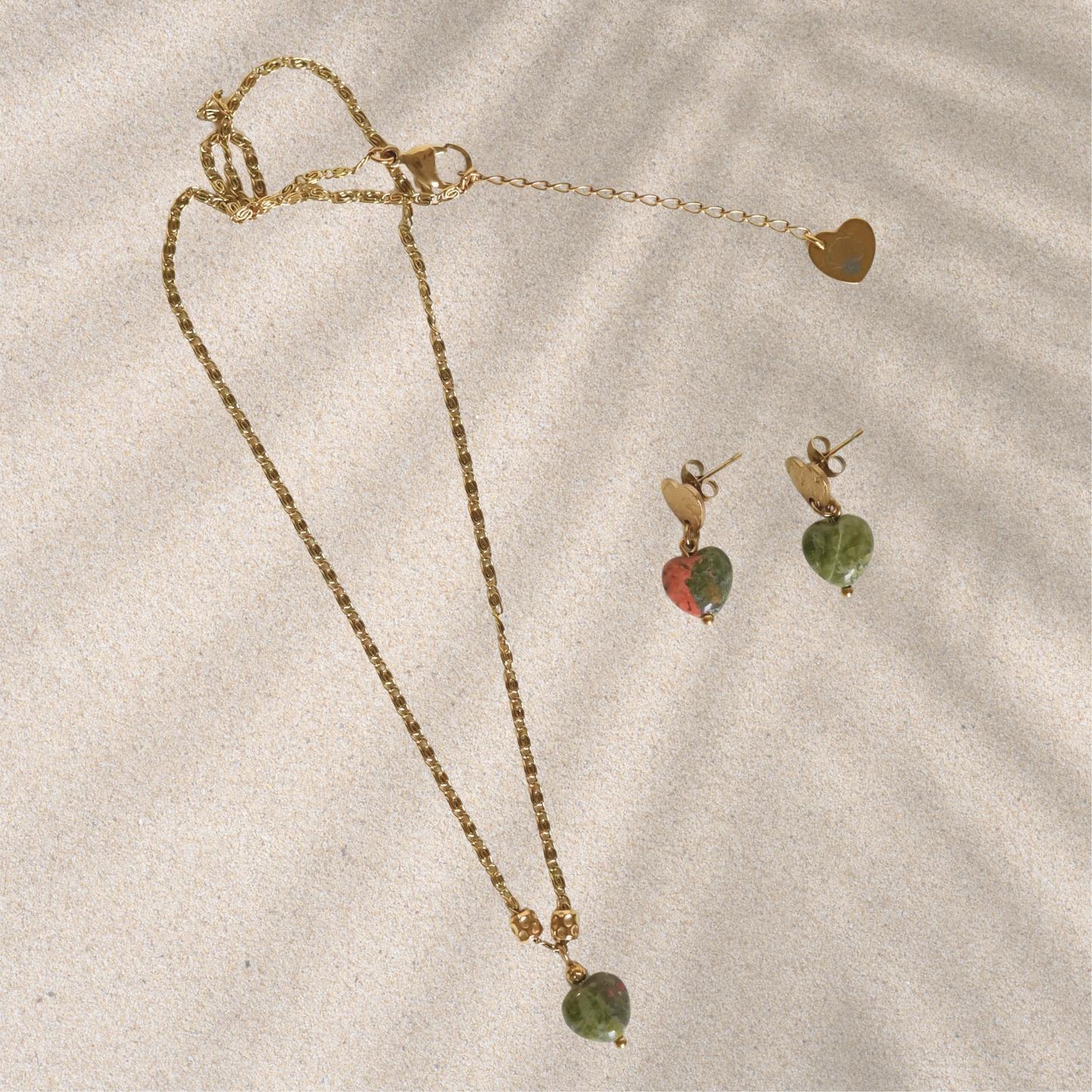 Parure dorée faite main – collier et boucles d'oreilles en acier inoxydable avec pierres naturelles, idée cadeau unique